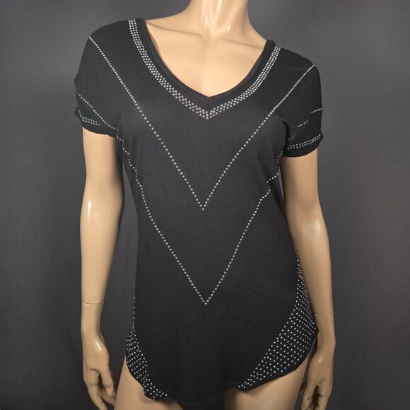 Y2K Long Top Size S Black Silver Studded Indie Sleaze Going Out Top 2000s V Neck - Picture 2 of 8